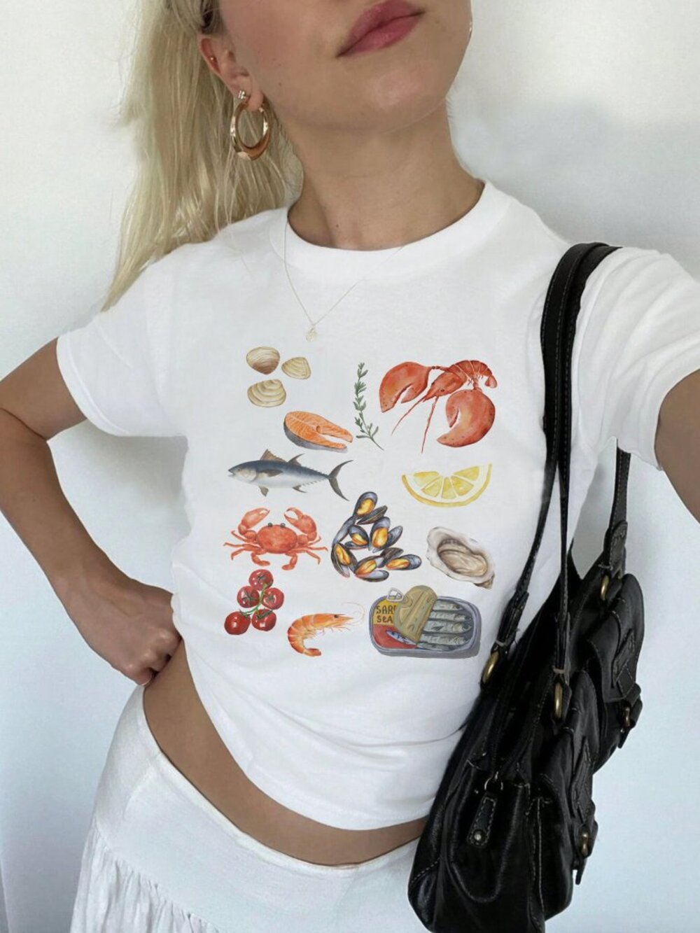 Seafood Baby Tee 🦀🐟🦞✨ | Y2K Ocean Aesthetic Crop Top | Soft Girl Summer Tee